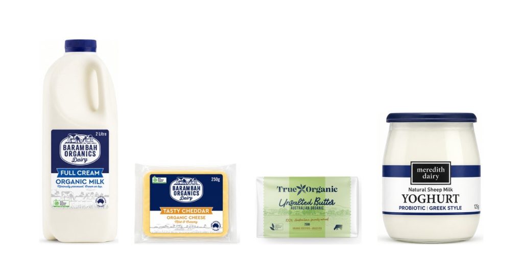 Organic milk, cheddar, butter and yoghurt from the CWFD dairy range