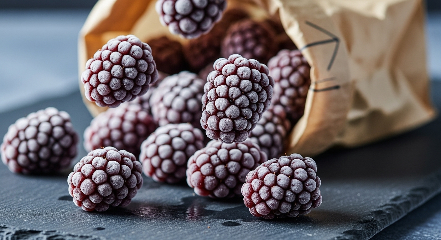 A vibrant, close-up shot of glossy, frost-kissed frozen Australian blackberries tumbling out of a bag.