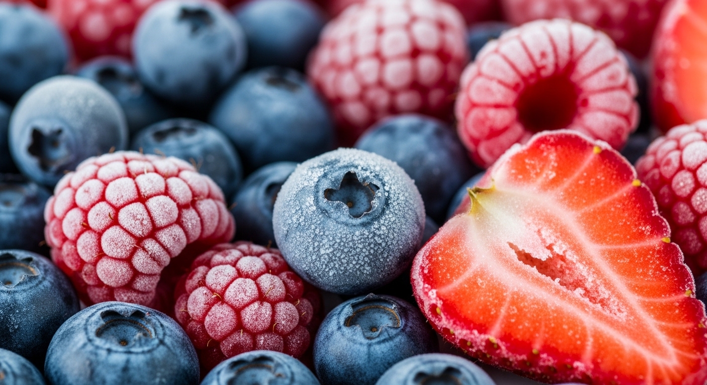 A vibrant, frosty close-up of mixed frozen berries like blueberries, raspberries, and strawberries, glistening with ice crystals.