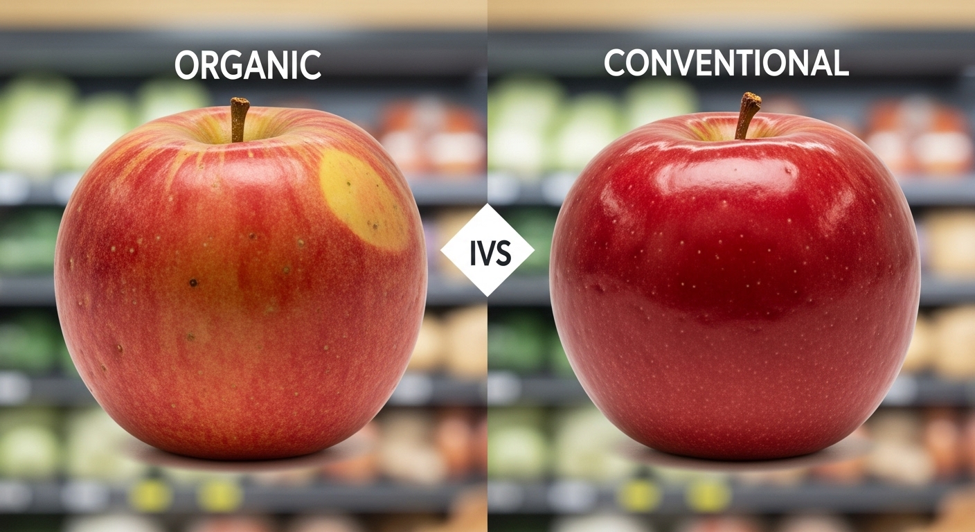 A vibrant split-screen photo showing a slightly imperfect organic apple on one side and a perfectly uniform, shiny conventional apple on the other, with a grocery store background.