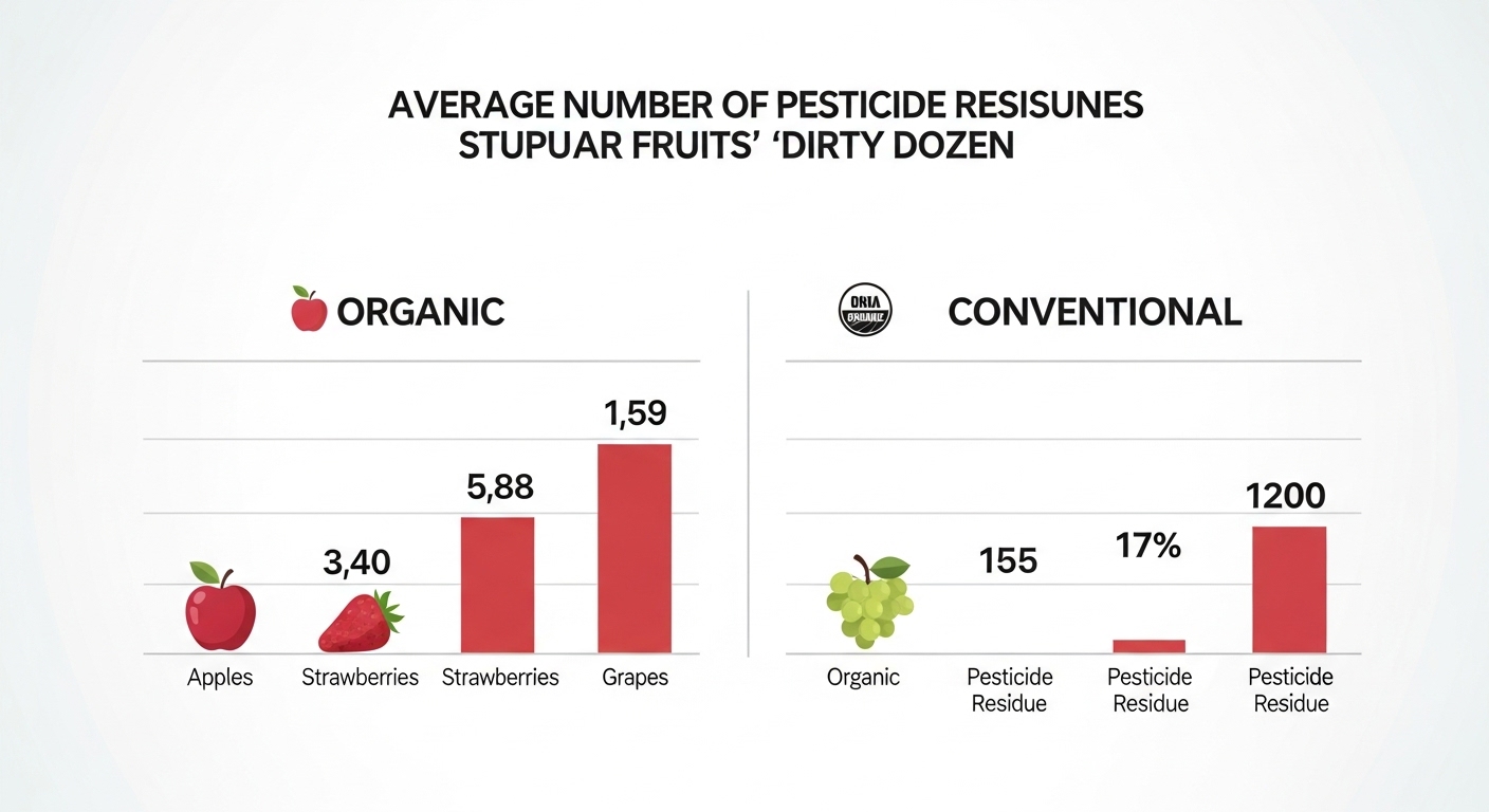 An infographic visually comparing the average number of pesticide residues found on popular fruits from the 'Dirty Dozen' list, with organic vs. conventional labels.