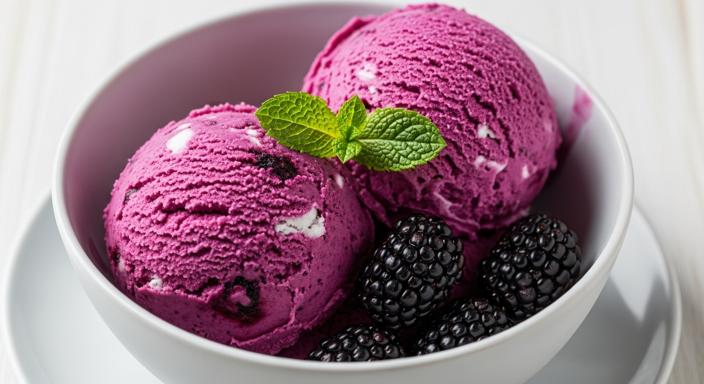 Scoops of vibrant, deep purple blackberry and coconut ice cream in a stylish bowl, garnished with a fresh mint leaf and a few whole blackberries.