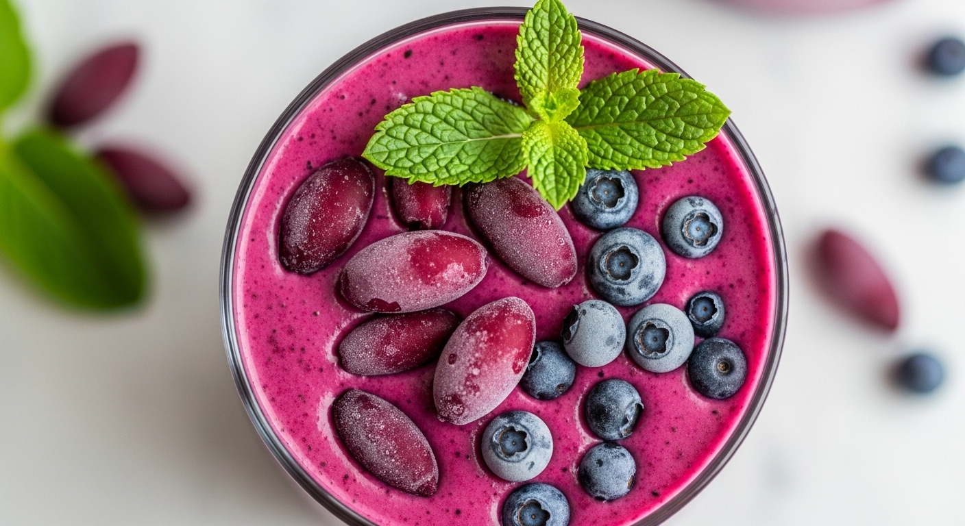 A close-up shot of a thick, purple smoothie in a glass, topped with fresh mint and a few frozen haskap berries and wild blueberries.