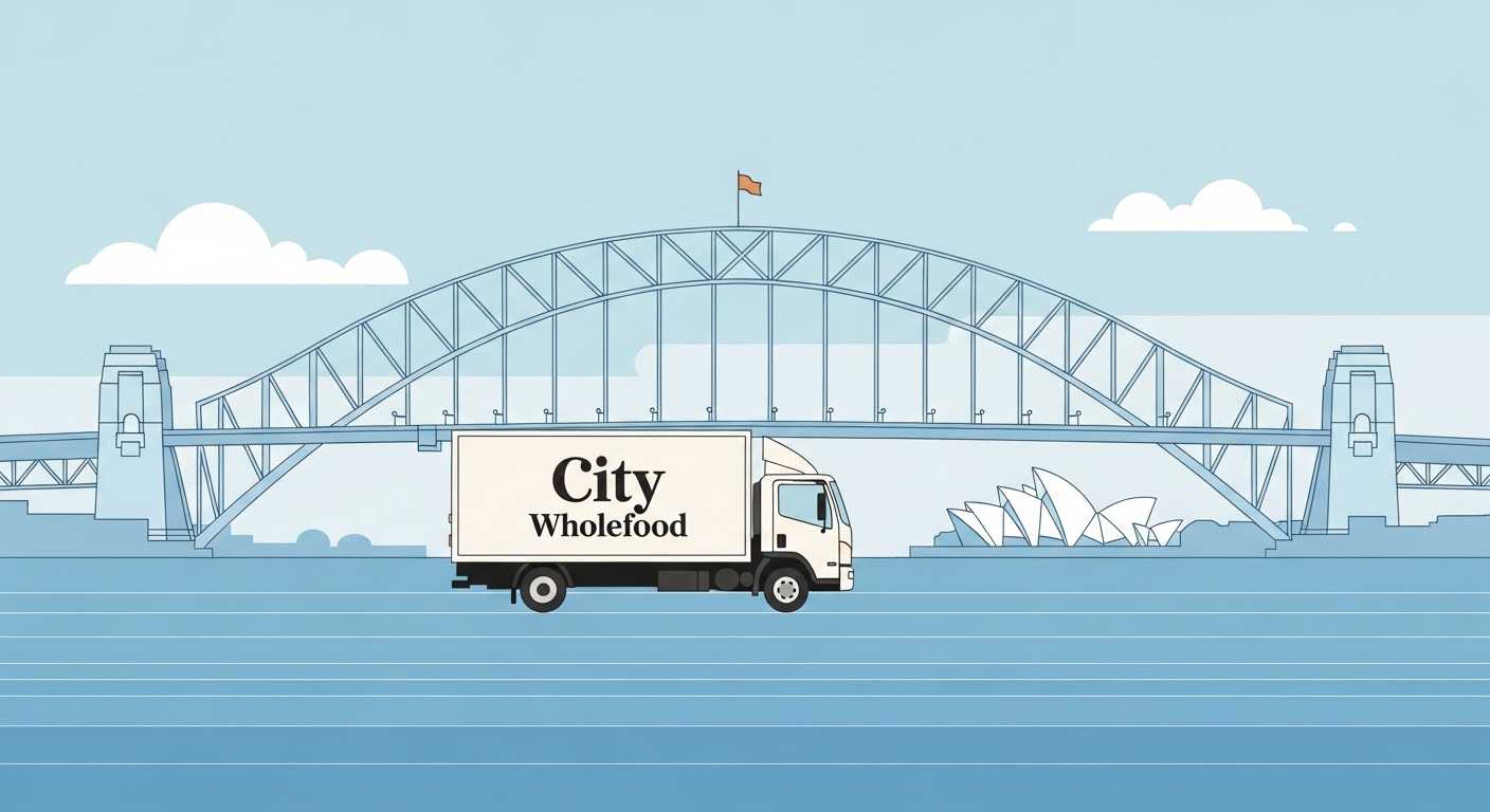 A delivery truck branded with City Wholefood logo driving across the Sydney Harbour Bridge, symbolizing wide distribution coverage.