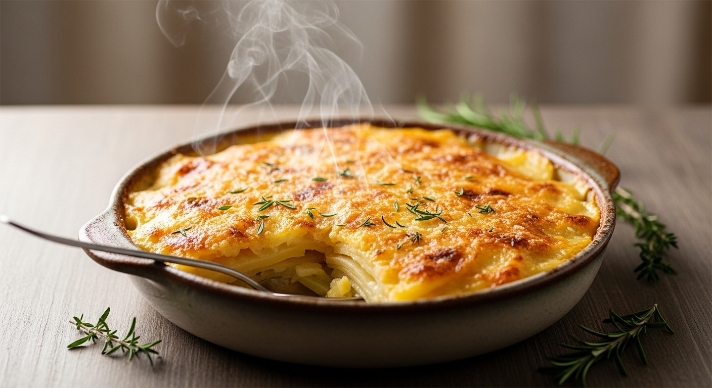 A golden-brown, bubbly potato gratin being served from a ceramic dish, with a wisp of steam rising.