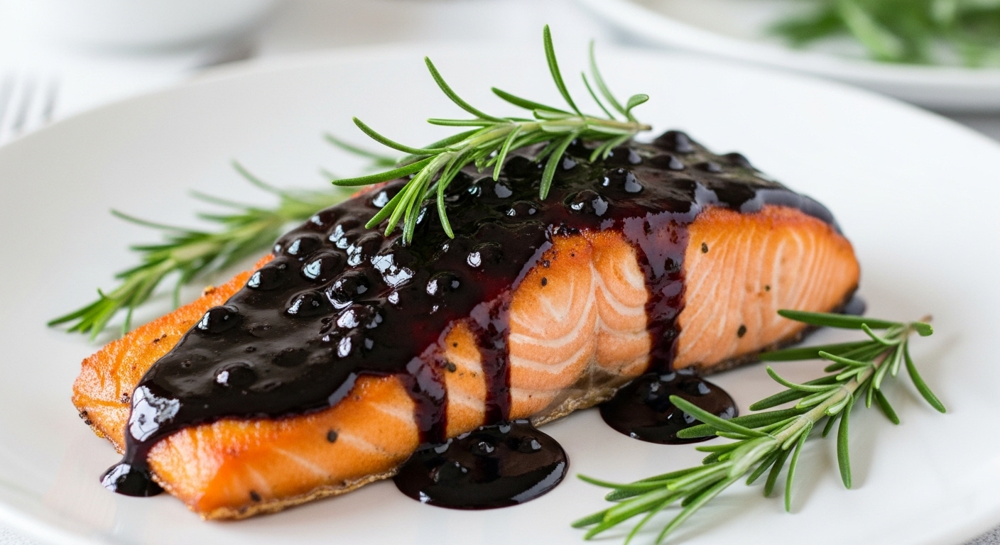 A perfectly cooked salmon fillet on a white plate, generously coated with a dark, glistening wild blueberry balsamic glaze, garnished with fresh rosemary.