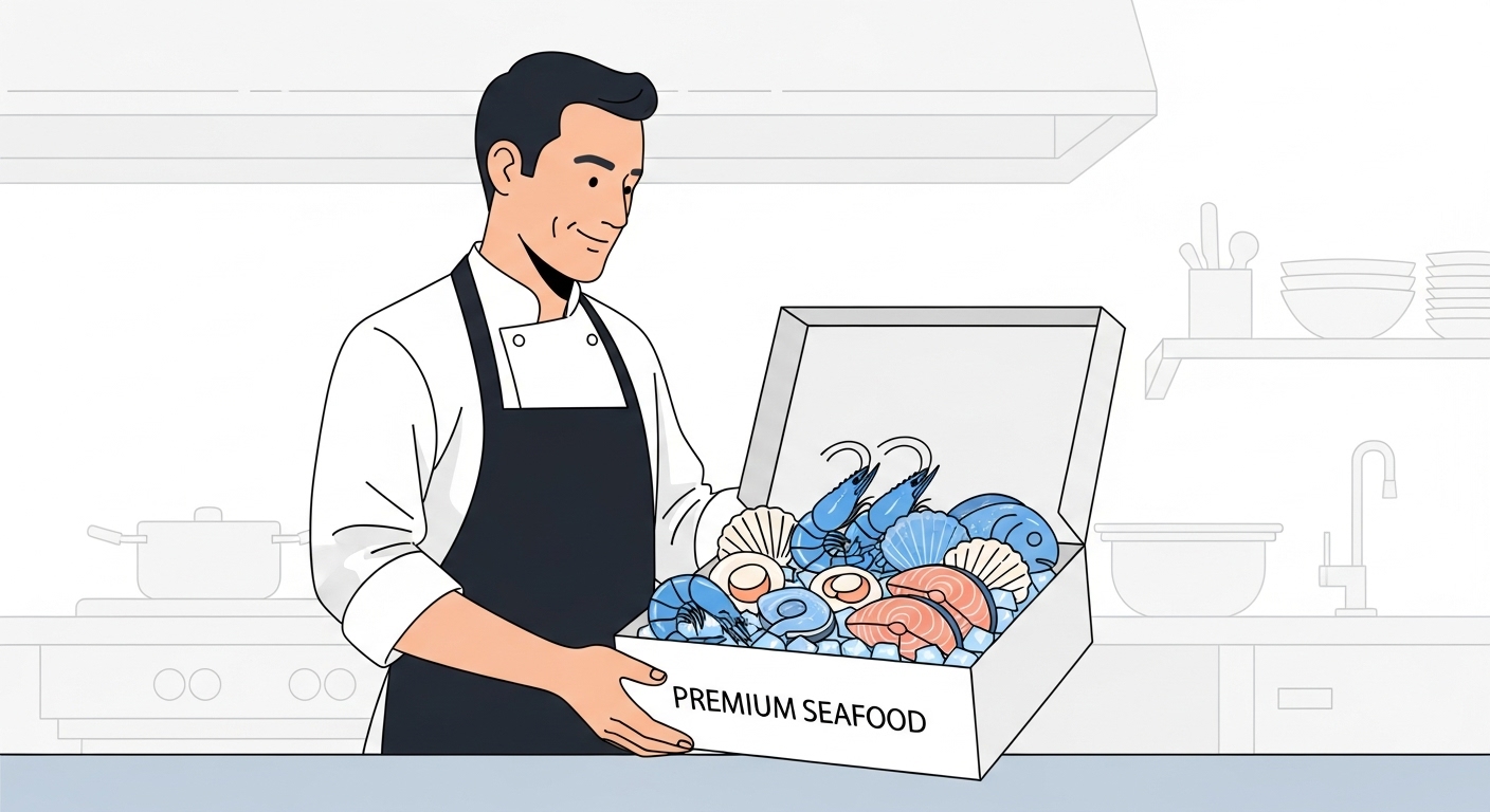 A professional chef inspecting a box of high-quality frozen seafood in a commercial kitchen, looking satisfied.