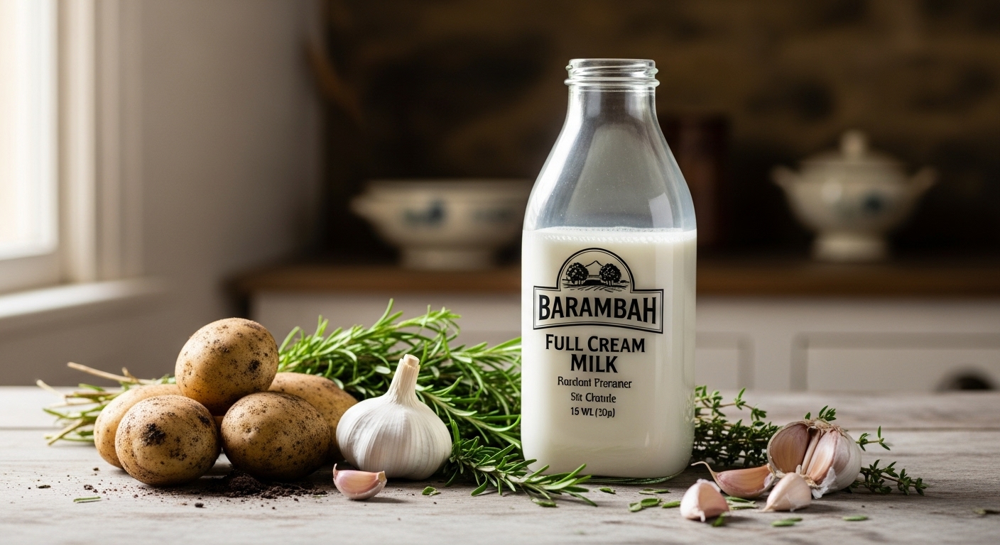 A rustic kitchen scene with a glass bottle of Barambah Full Cream Milk next to fresh ingredients like potatoes, garlic, and herbs.