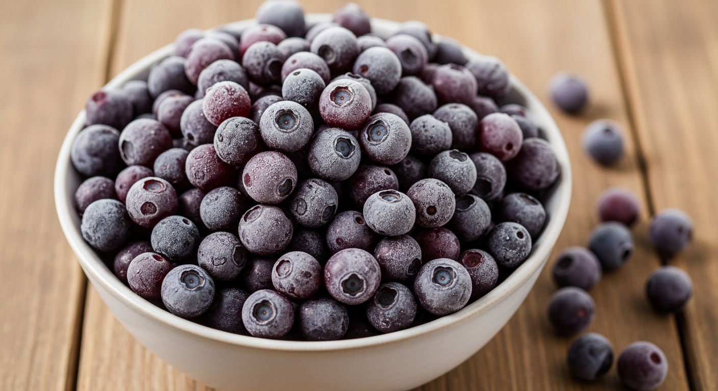 A vibrant, close-up shot of a bowl brimming with frosty, deep-purple wild blueberries, with a few scattered on a rustic wooden table beside it.
