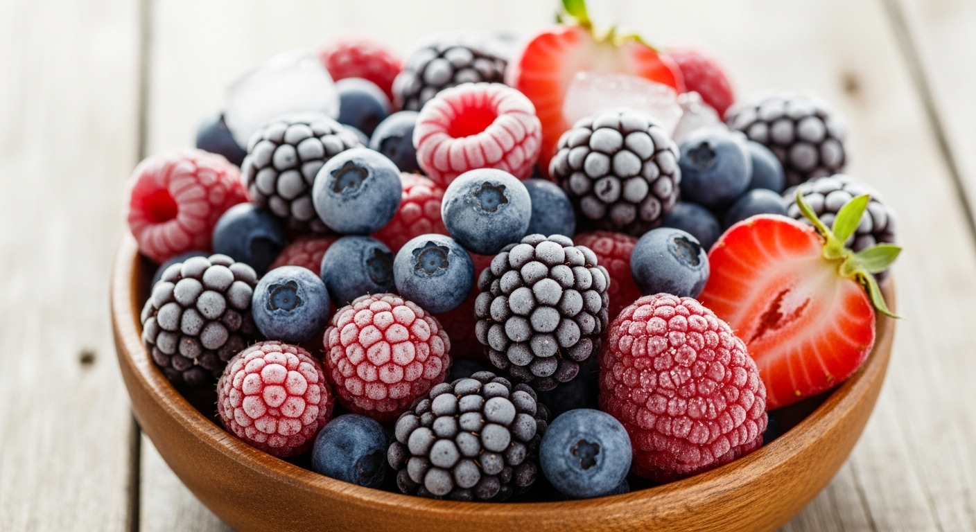A vibrant, colorful assortment of various frozen berries covered in a light frost, displayed in a rustic wooden bowl.