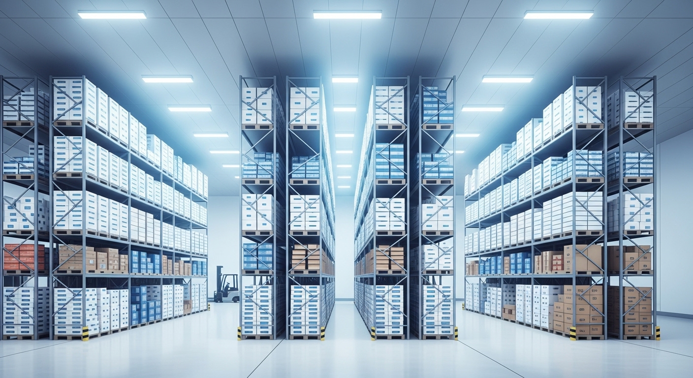 A wide shot of a commercial freezer warehouse stocked with organized boxes of frozen food products, showcasing scale and variety.