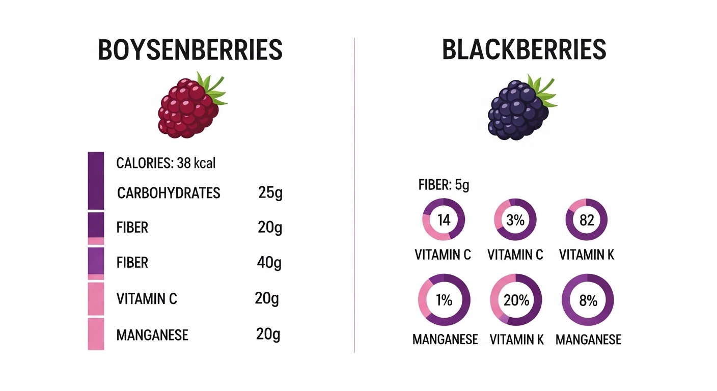 A comparative infographic showing the nutritional breakdown of Boysenberries versus Blackberries side-by-side.
