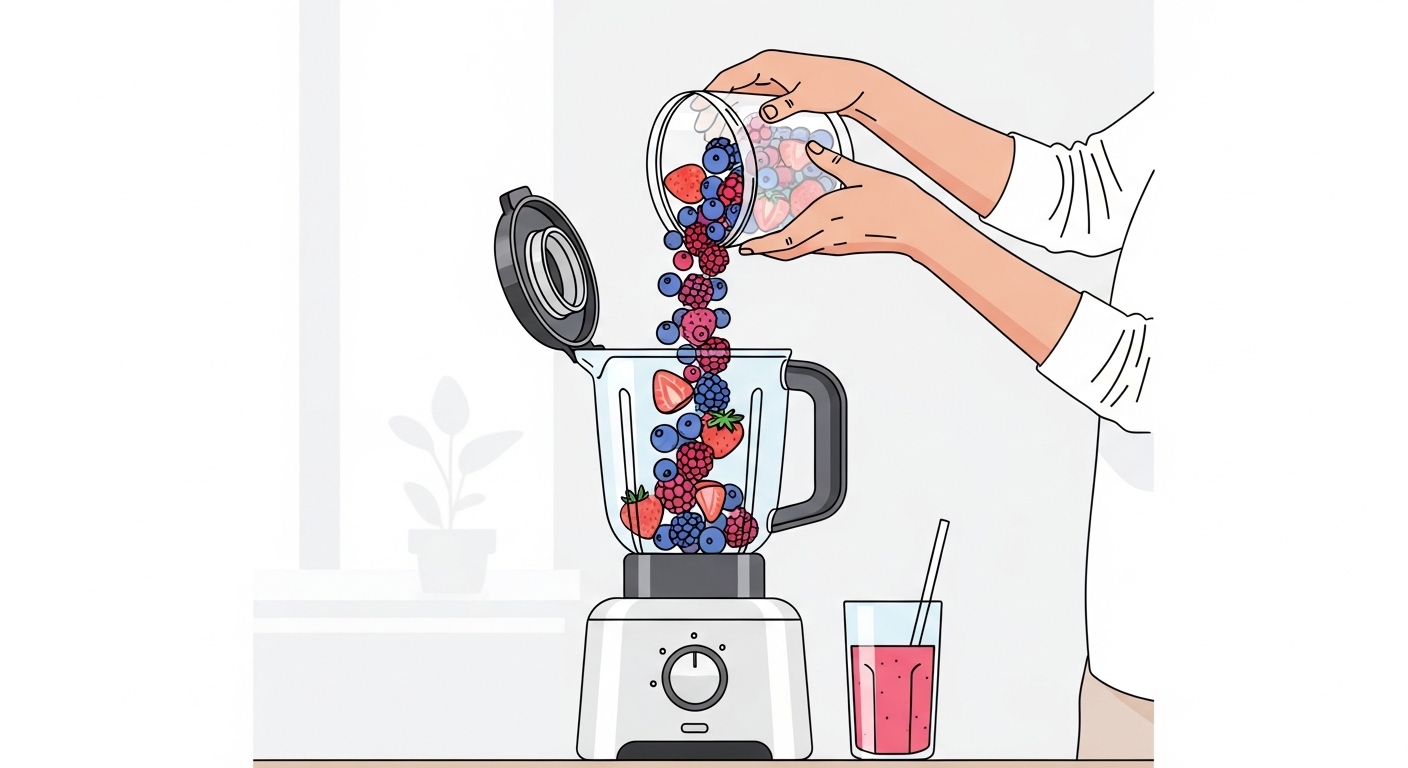 A person pouring frozen berries into a blender, highlighting convenience and usage in smoothies