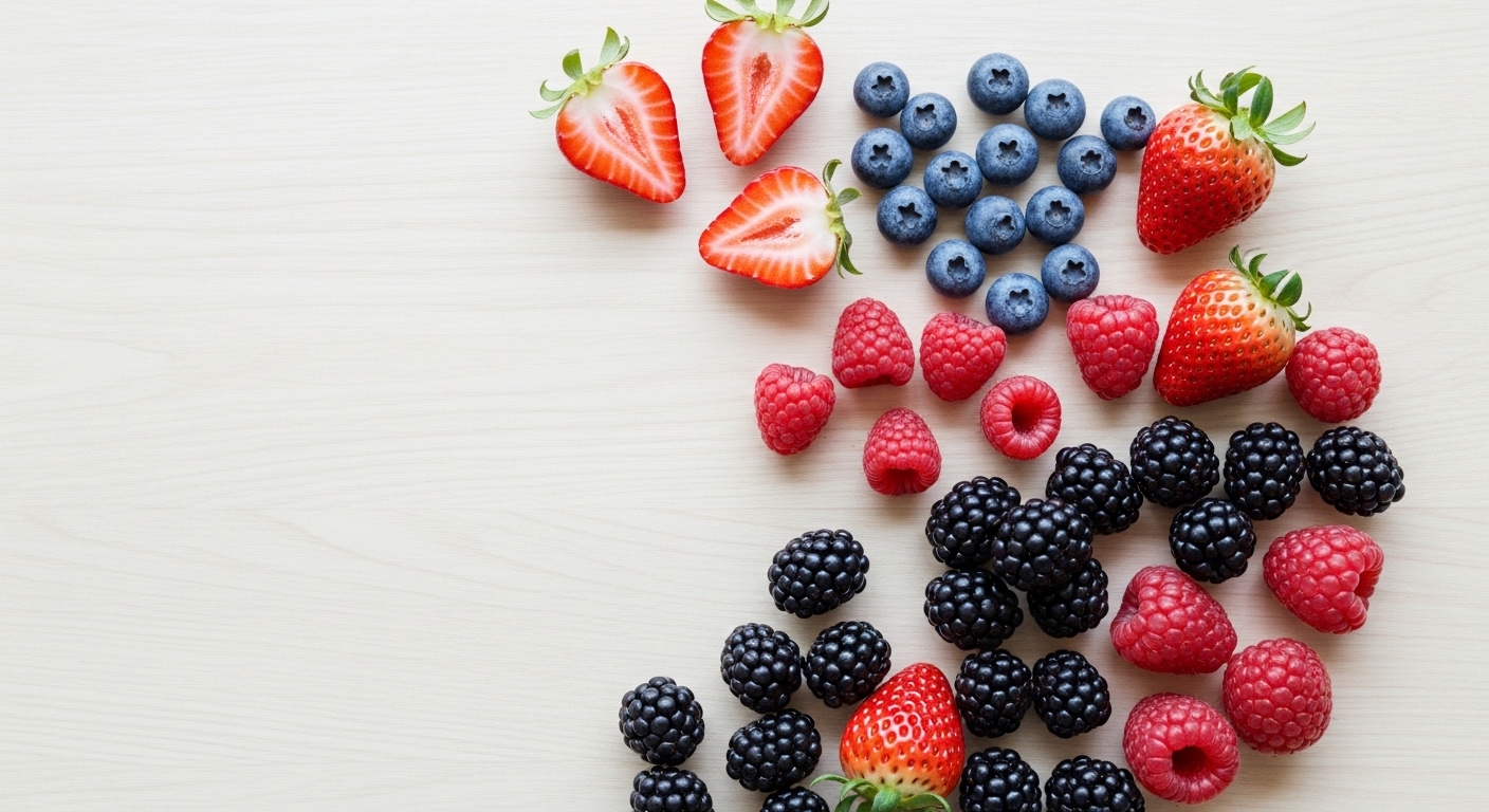 A vibrant, high-resolution flat lay of fresh strawberries, blueberries, raspberries, blackberries, and boysenberries arranged artistically on a wooden table.