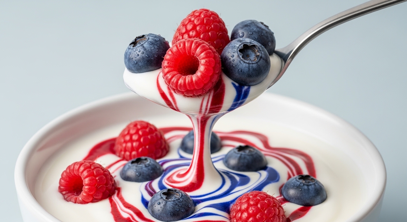 Close-up of a spoon lifting a mixture of yogurt and fresh raspberries and blueberries, highlighting texture and freshness.