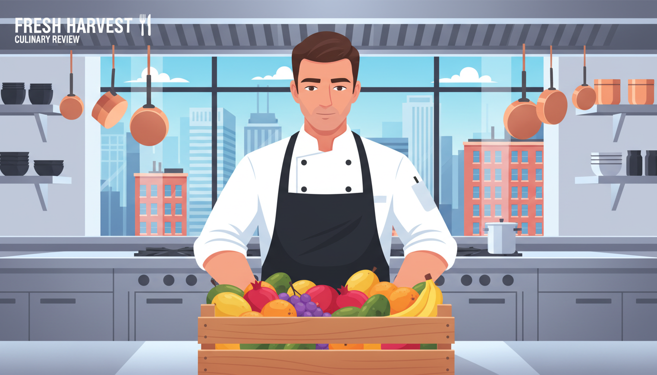 A busy chef inspecting a crate of fresh, colorful fruit in a professional kitchen setting with urban buildings visible through the window