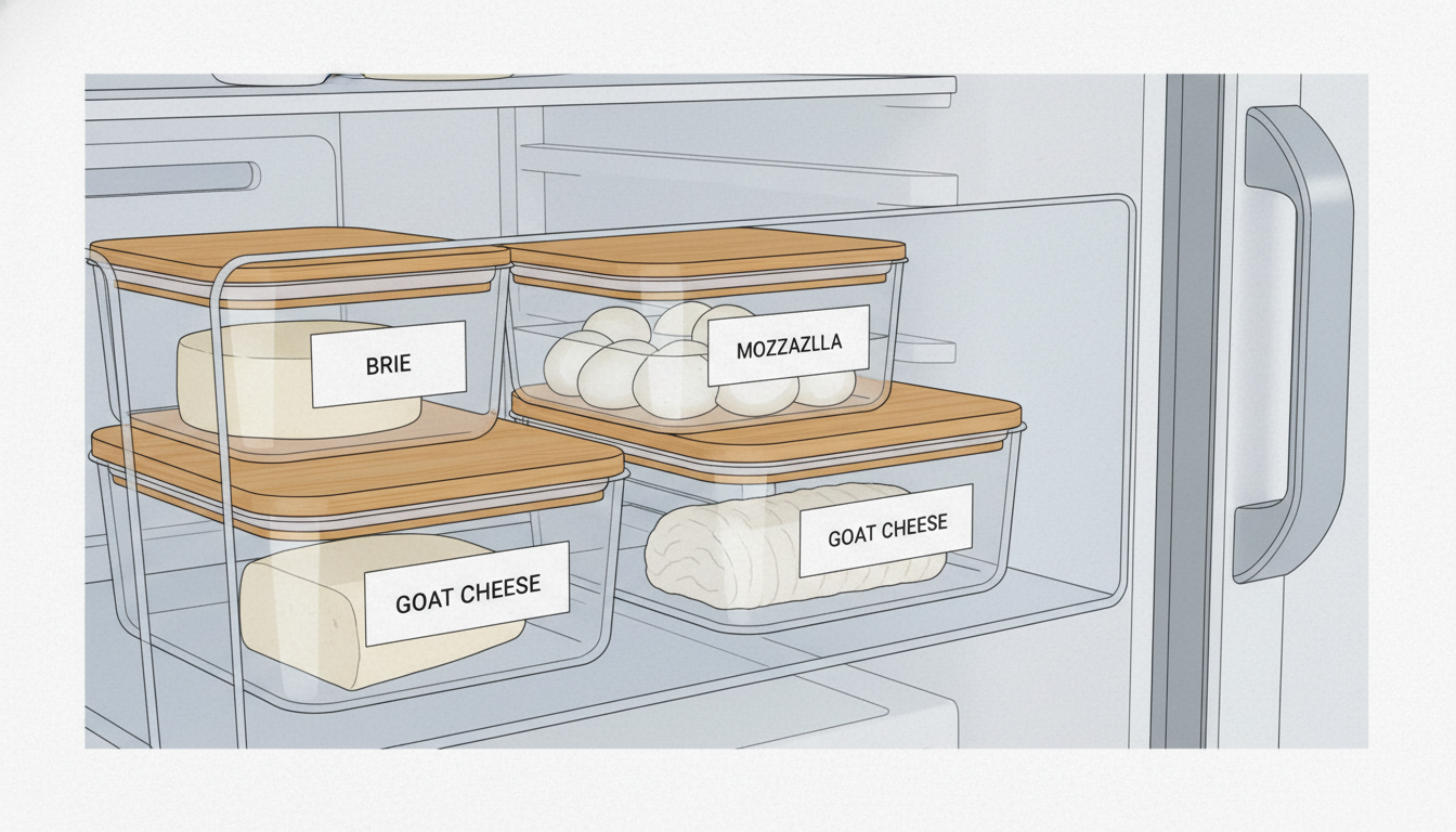 A close-up shot of a small refrigerator drawer organized with labeled containers holding soft cheeses like Brie and Mozzarella.