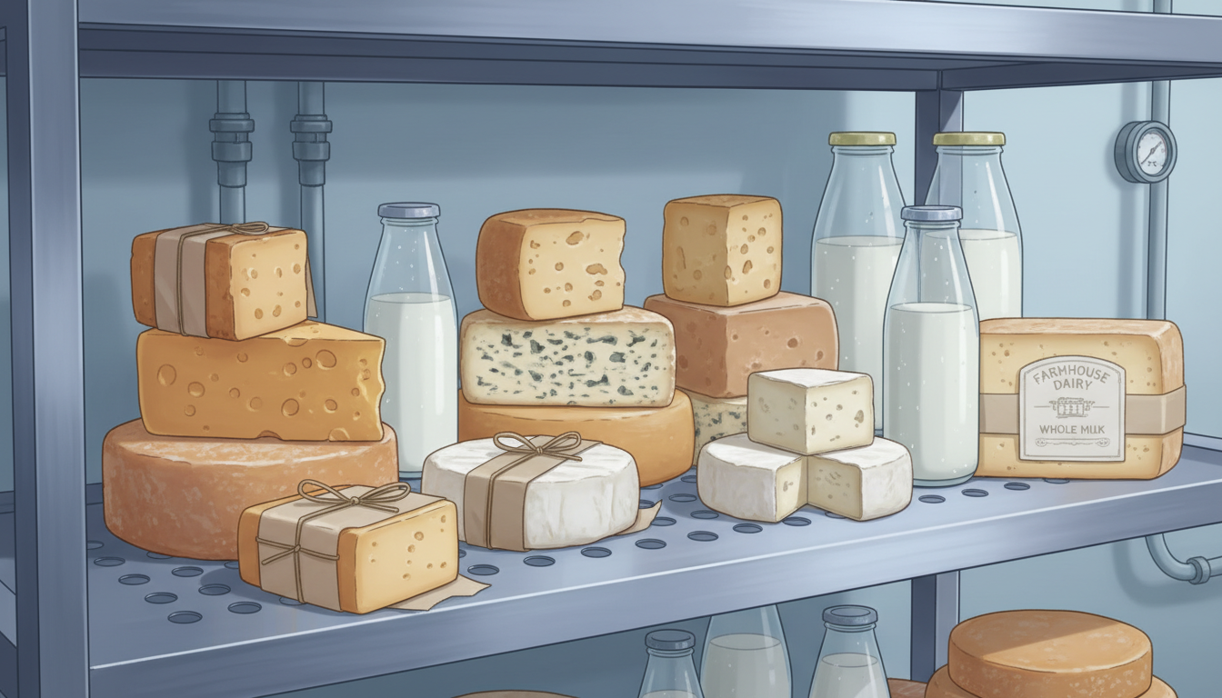 A close-up shot of artisanal cheese blocks and fresh milk bottles being organized on a metal shelving unit in a cold storage room