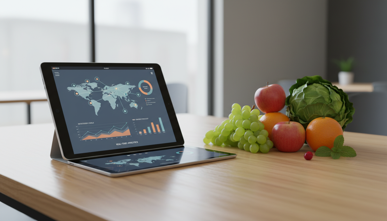 A digital tablet displaying supply chain analytics and inventory charts resting on a wooden table next to fresh produce