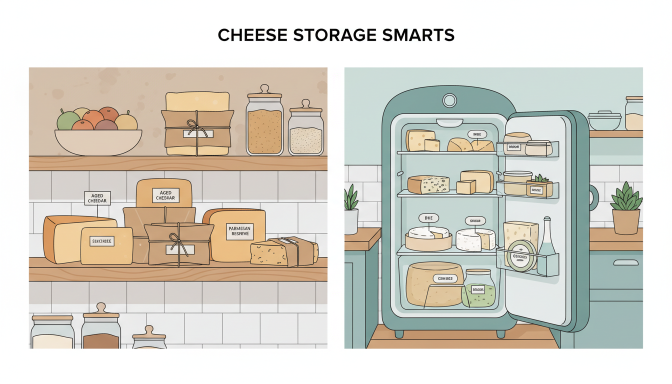 A split view showing a tidy pantry shelf with wrapped hard cheese on the left and a small organized refrigerator with soft cheese on the right in a tiny kitchen setting.