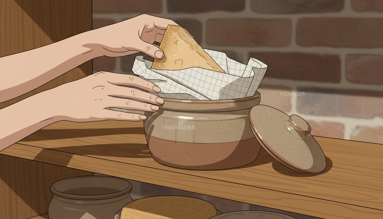 Hands wrapping a wedge of hard aged cheese in specialized cheese paper and placing it into a stoneware crock on a wooden shelf.