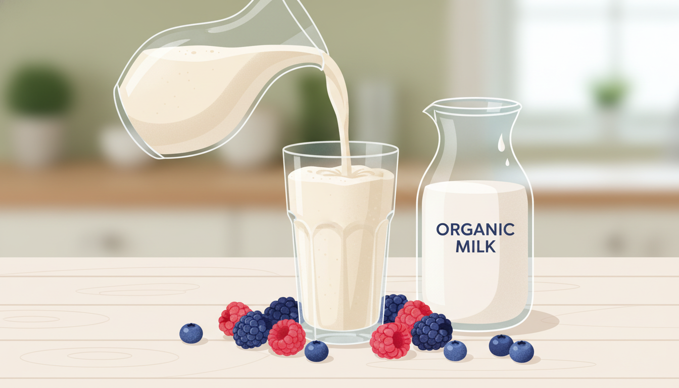 A fresh creamy smoothie being poured into a tall glass surrounded by scattered frozen berries and a jug of organic milk