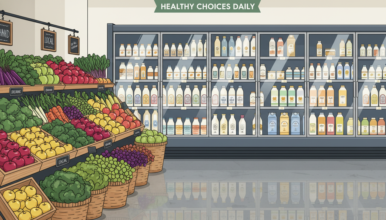 A vibrant grocery store aisle featuring a well-stocked organic produce section and a brightly lit dairy fridge displaying premium milks