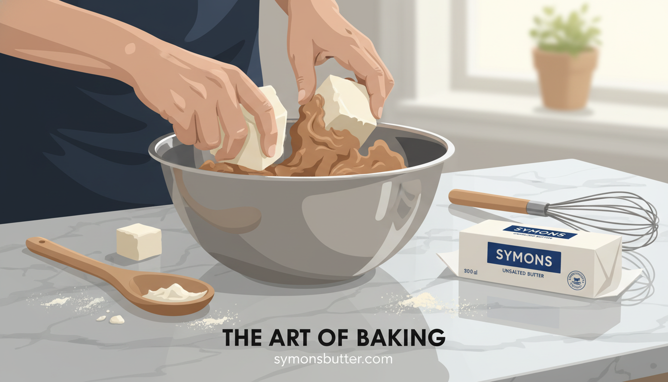 Baker mixing Symons unsalted butter into cookie dough on a marble countertop