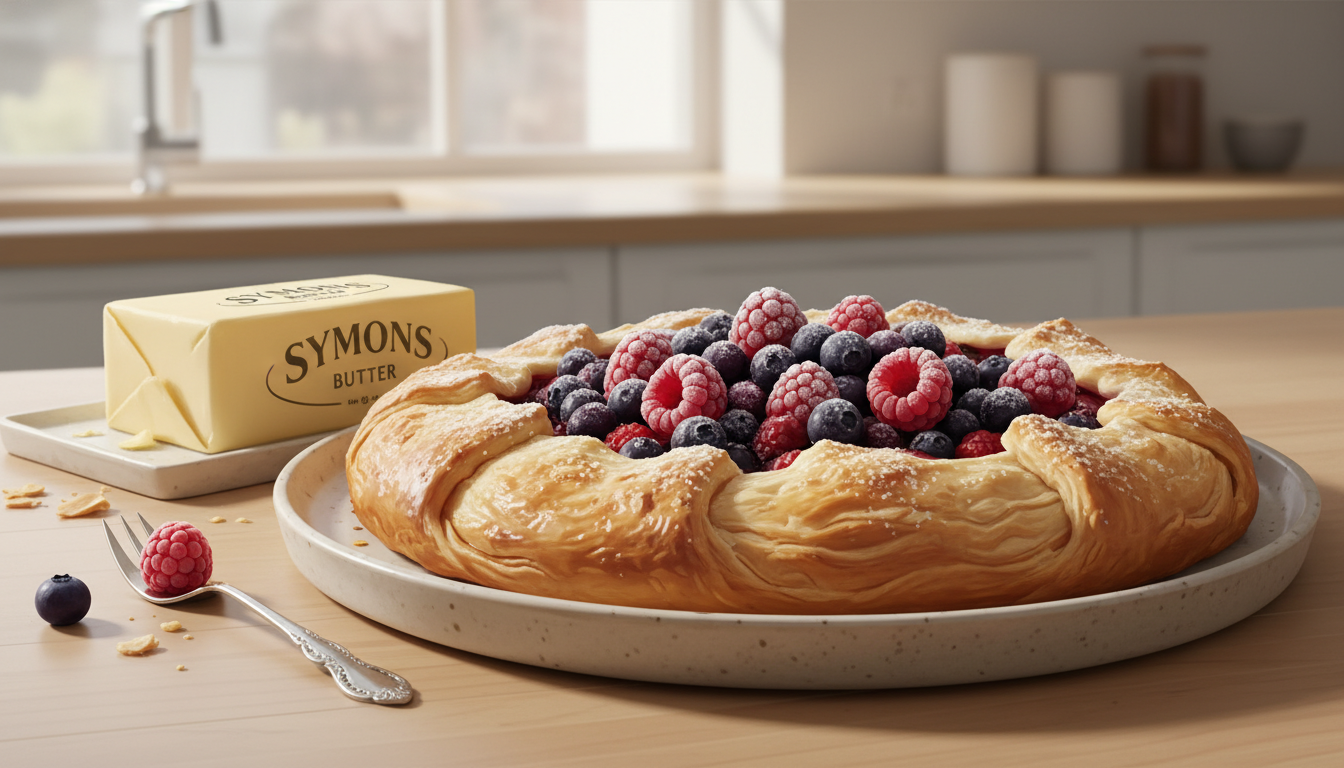 Close up of a flaky fruit tart made with Symons butter and frozen berries