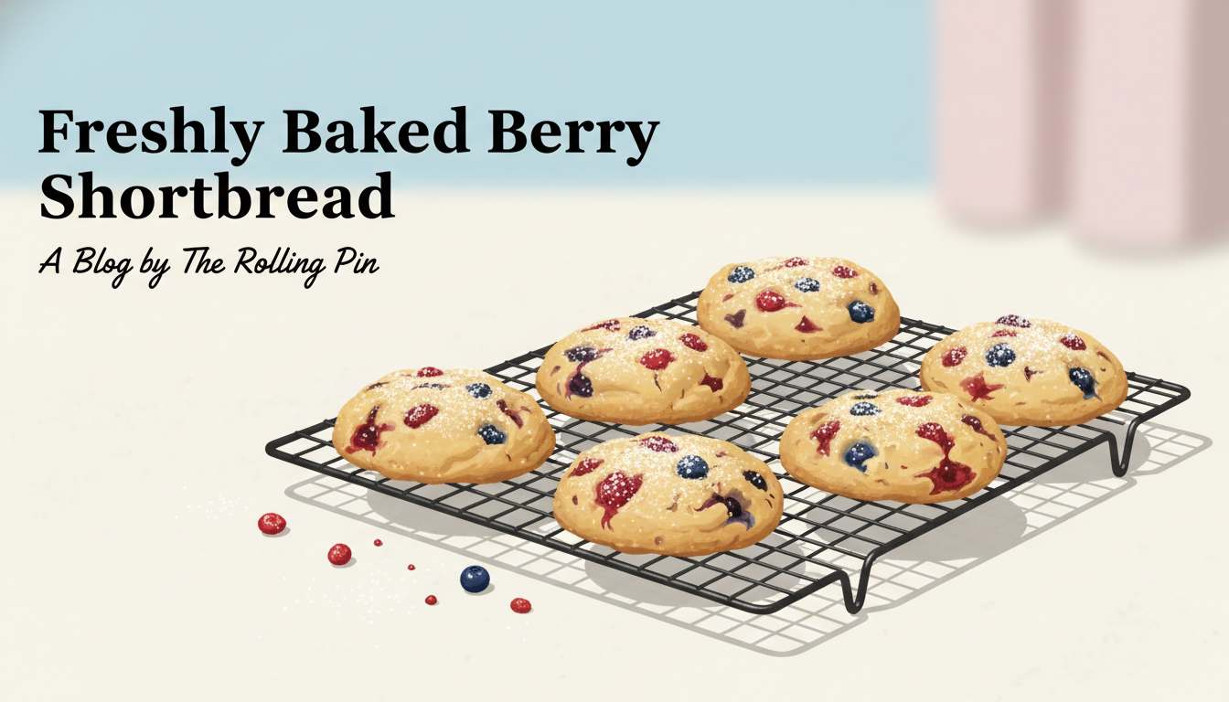 Freshly baked berry shortbread cookies resting on a wire cooling rack