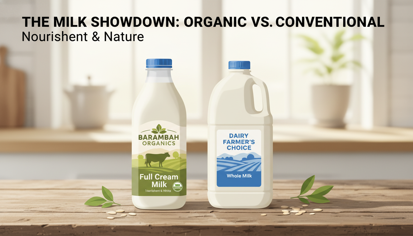 Side-by-side comparison of a Barambah Organics milk bottle and a generic conventional dairy bottle on a rustic wooden kitchen bench