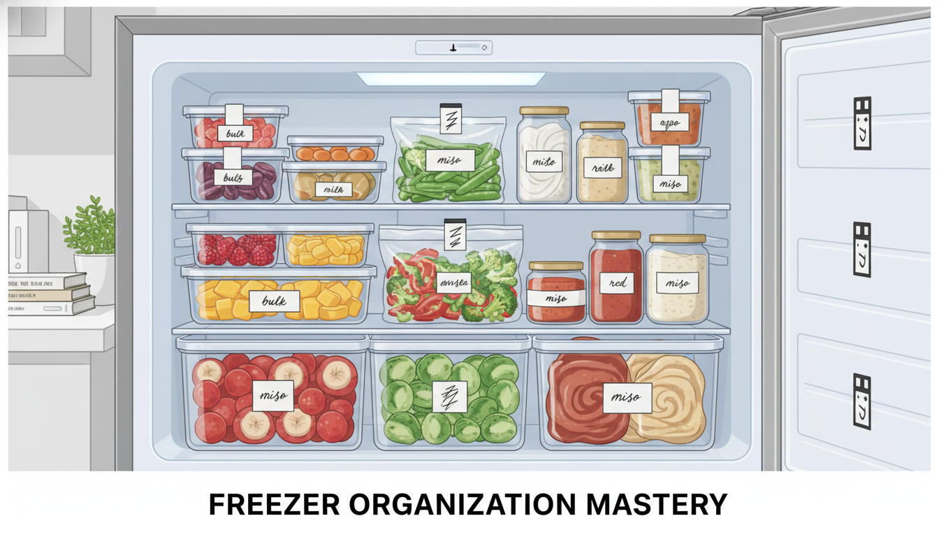 A beautifully organized freezer filled with bulk frozen fruit, vegetables, and jars of Japanese miso