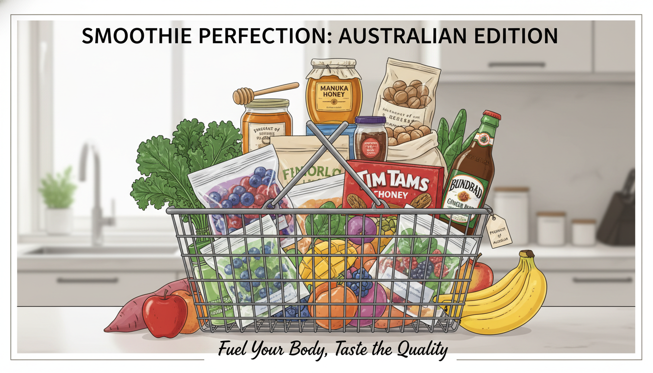 A shopping basket filled with bulk frozen smoothie ingredients, organic produce, and premium Australian groceries