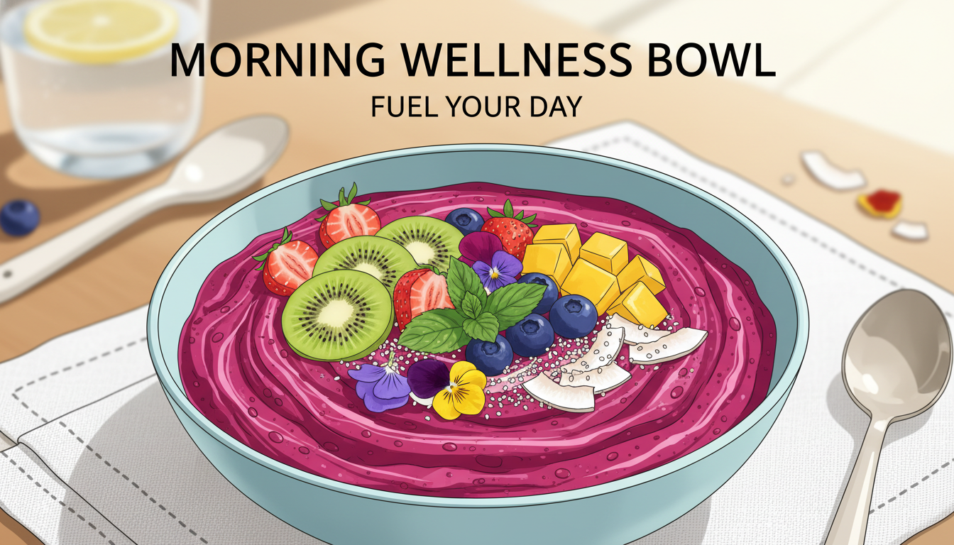 A vibrant morning smoothie bowl made with frozen fruit, cow milk kefir, and organic produce toppings