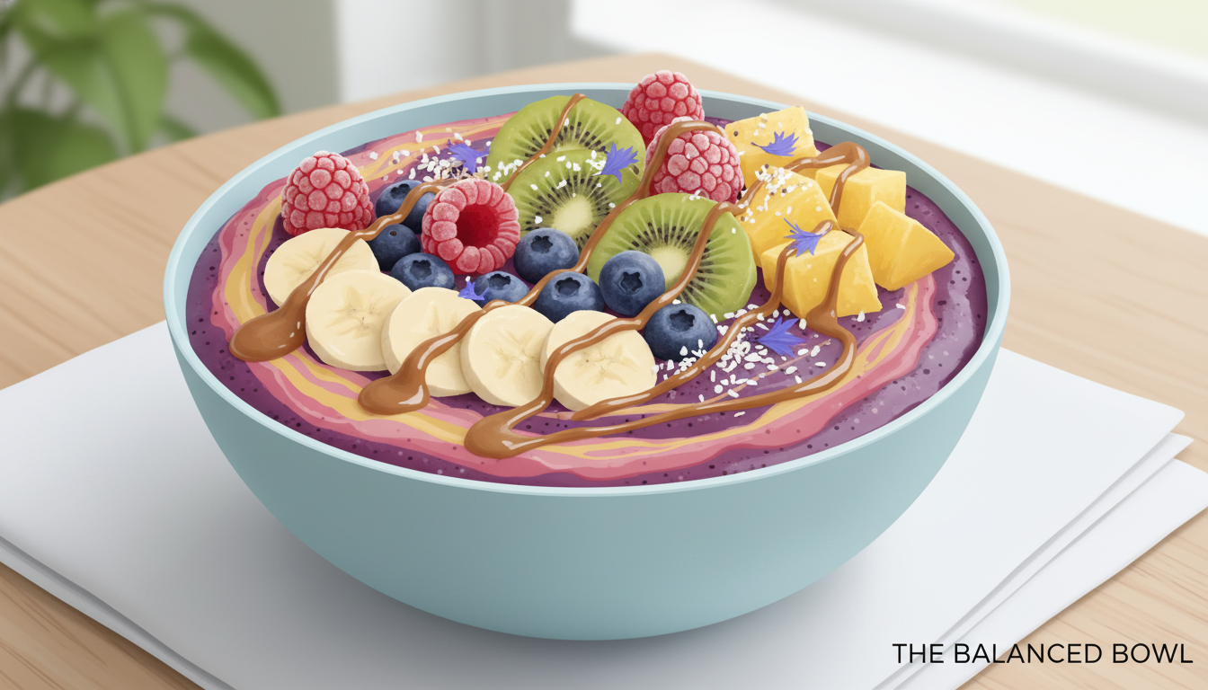 A vibrant smoothie bowl featuring frozen berries, frozen fruit, and a subtle miso caramel drizzle
