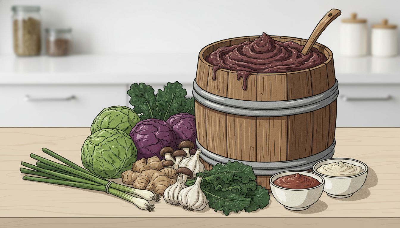 A wooden barrel filled with dark, rich vintage miso paste sitting next to fresh organic produce
